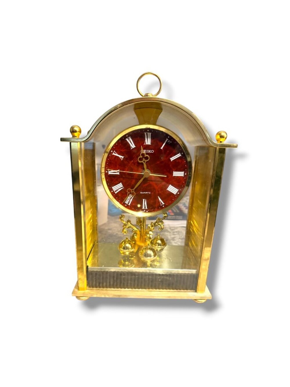 VINTAGE SEIKO DESK MANTEL CLOCK GLASS & BRASS JAPAN 10x7x4